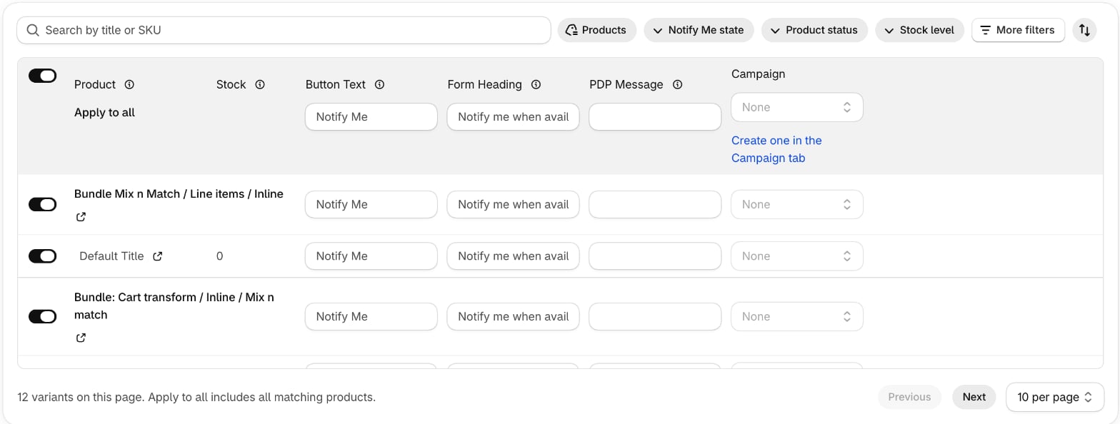 Notify Me fields in the products editor