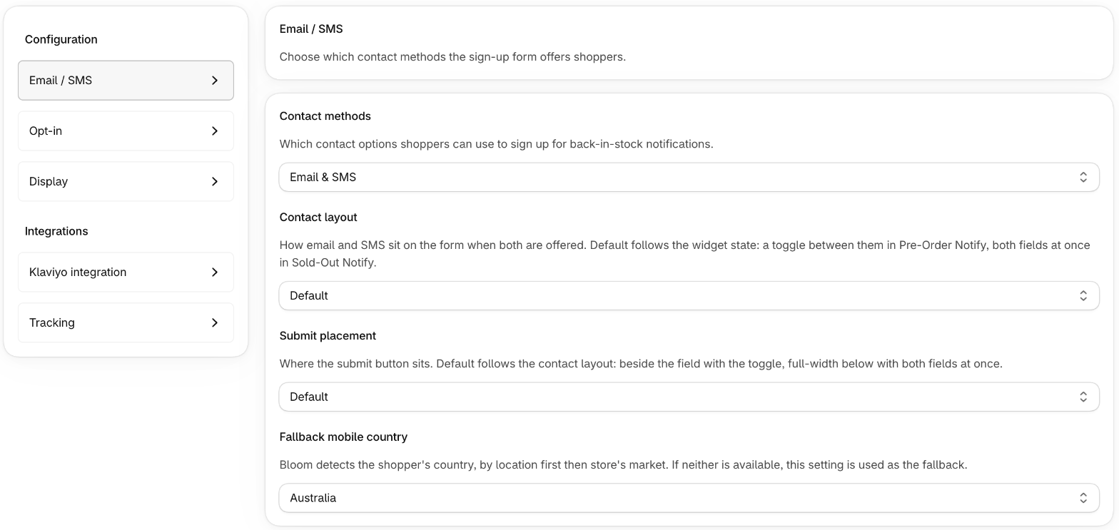 Notify Me contact method settings in Bloom