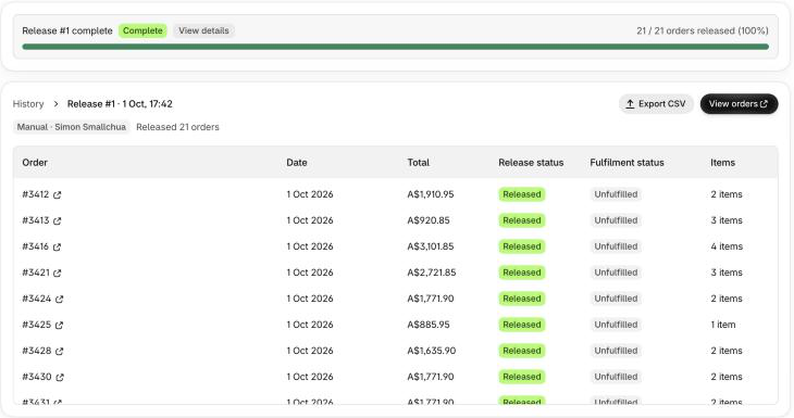 Completed release showing 21 of 21 orders released