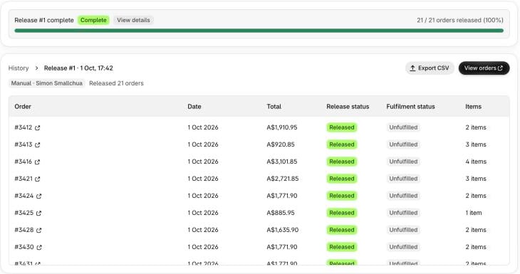 Completed release showing 21 of 21 orders released