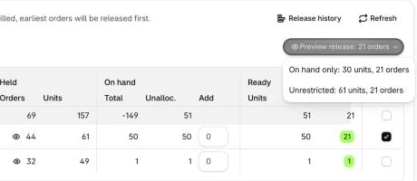 Preview release options: on hand only or unrestricted