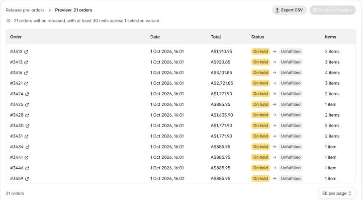 Release preview listing orders moving from on hold to unfulfilled