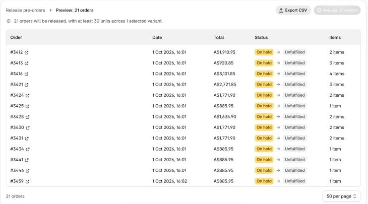 Release preview listing orders moving from on hold to unfulfilled