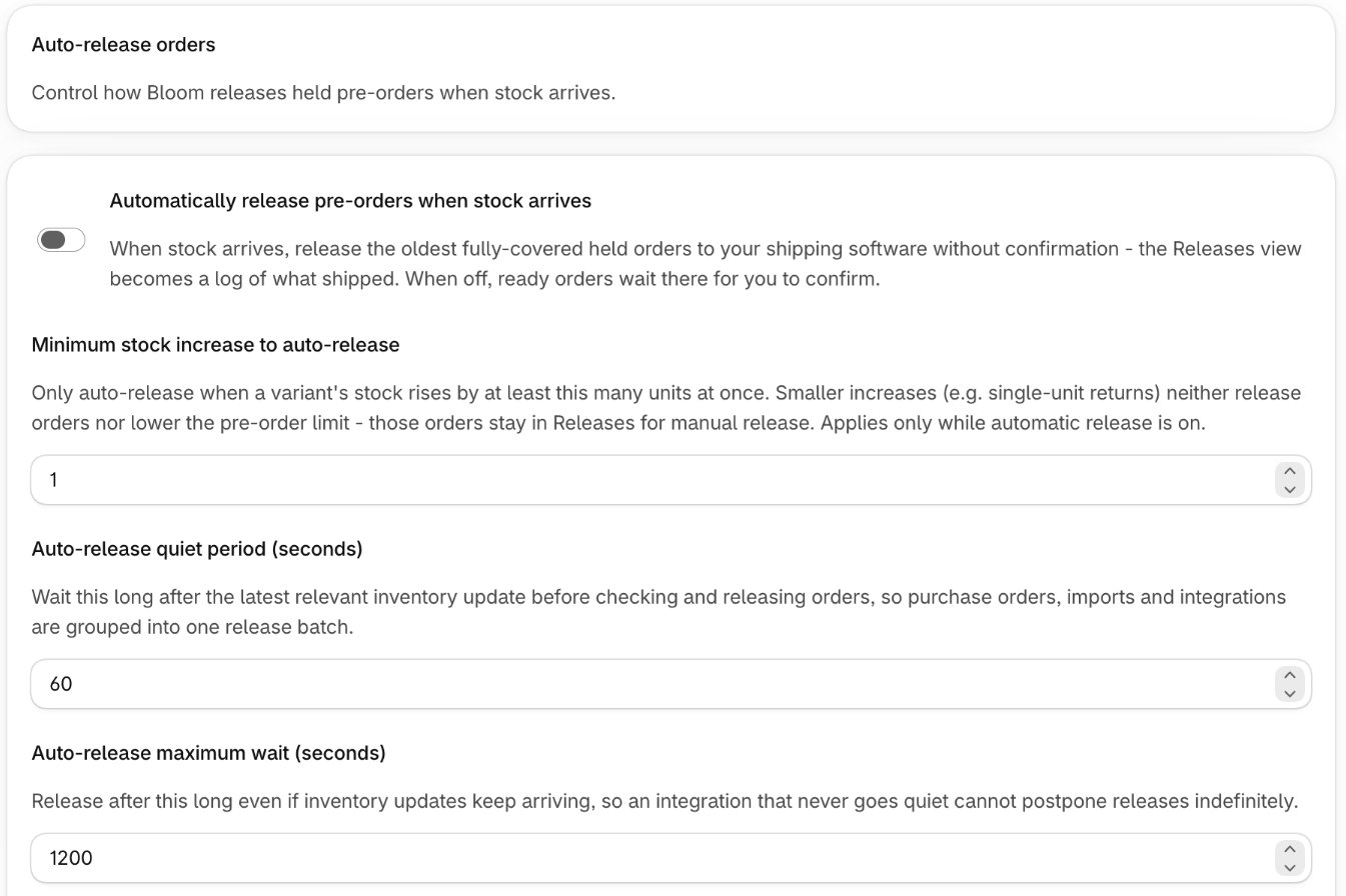 Auto-release orders settings in Bloom