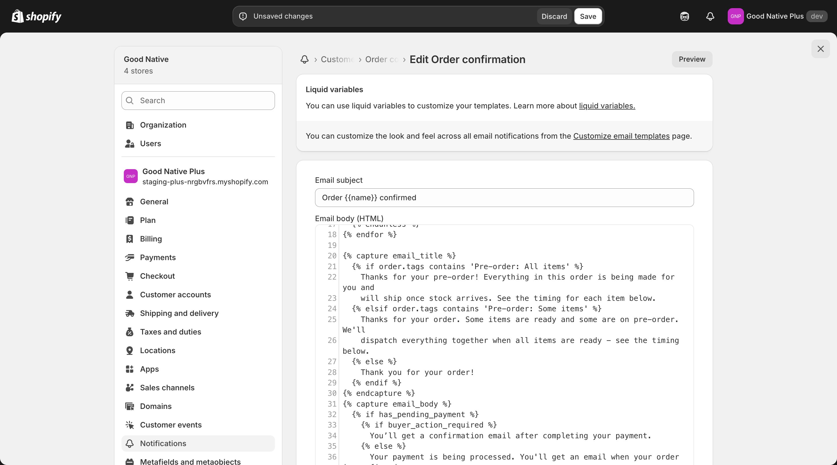 Order confirmation template editor with the pre-order snippet in place