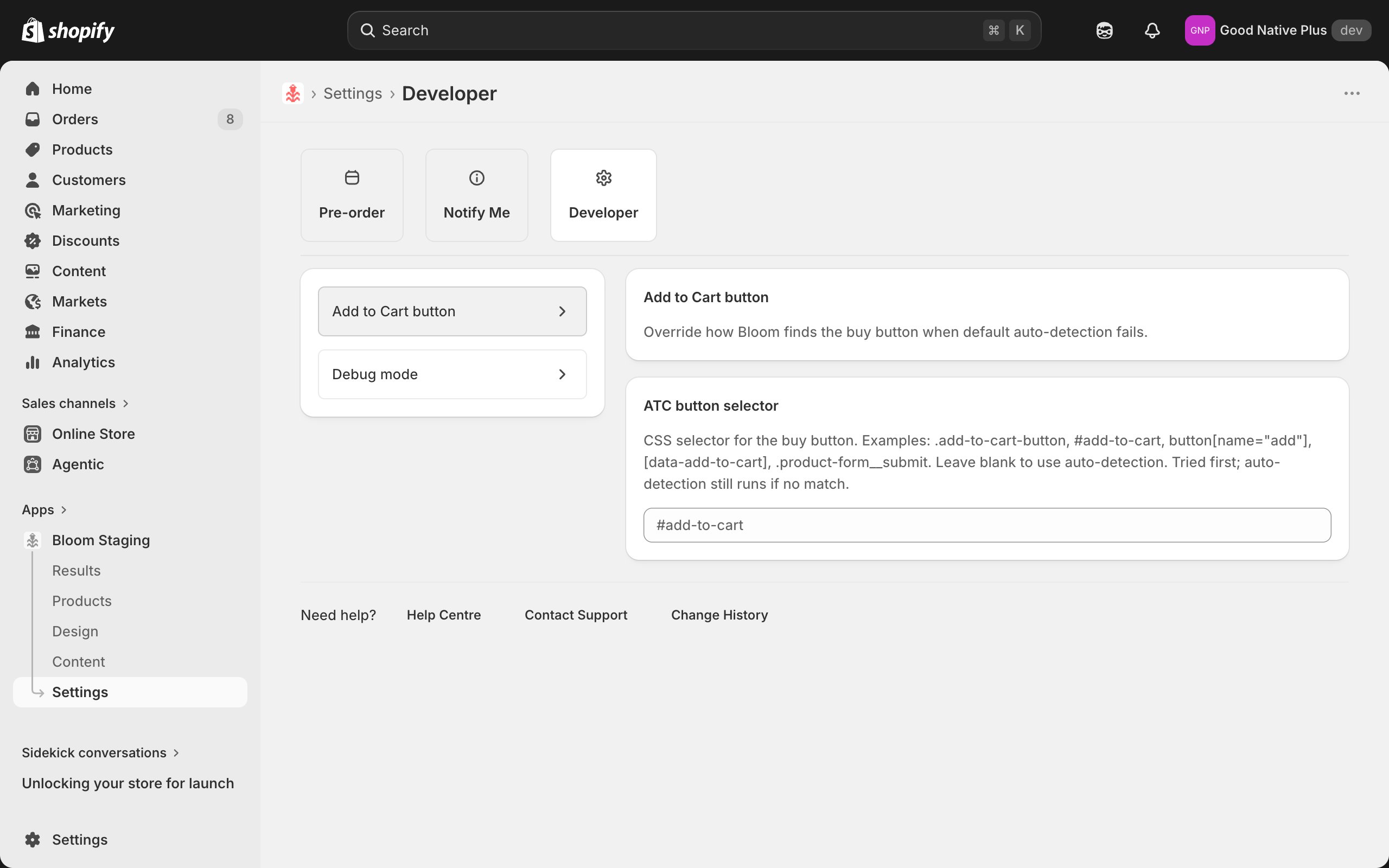 Add to Cart button selector in Developer settings