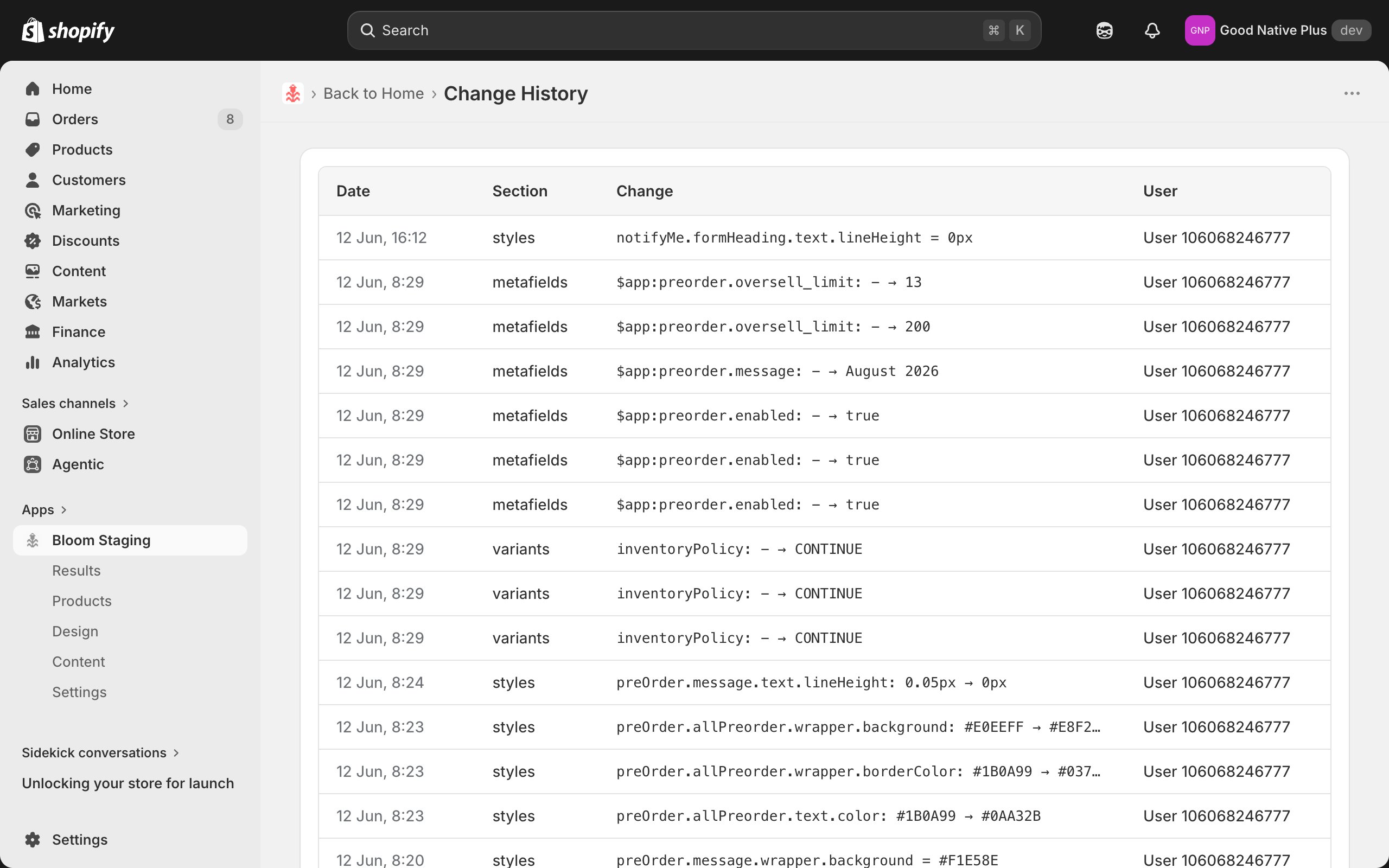 Change History page with edit rows