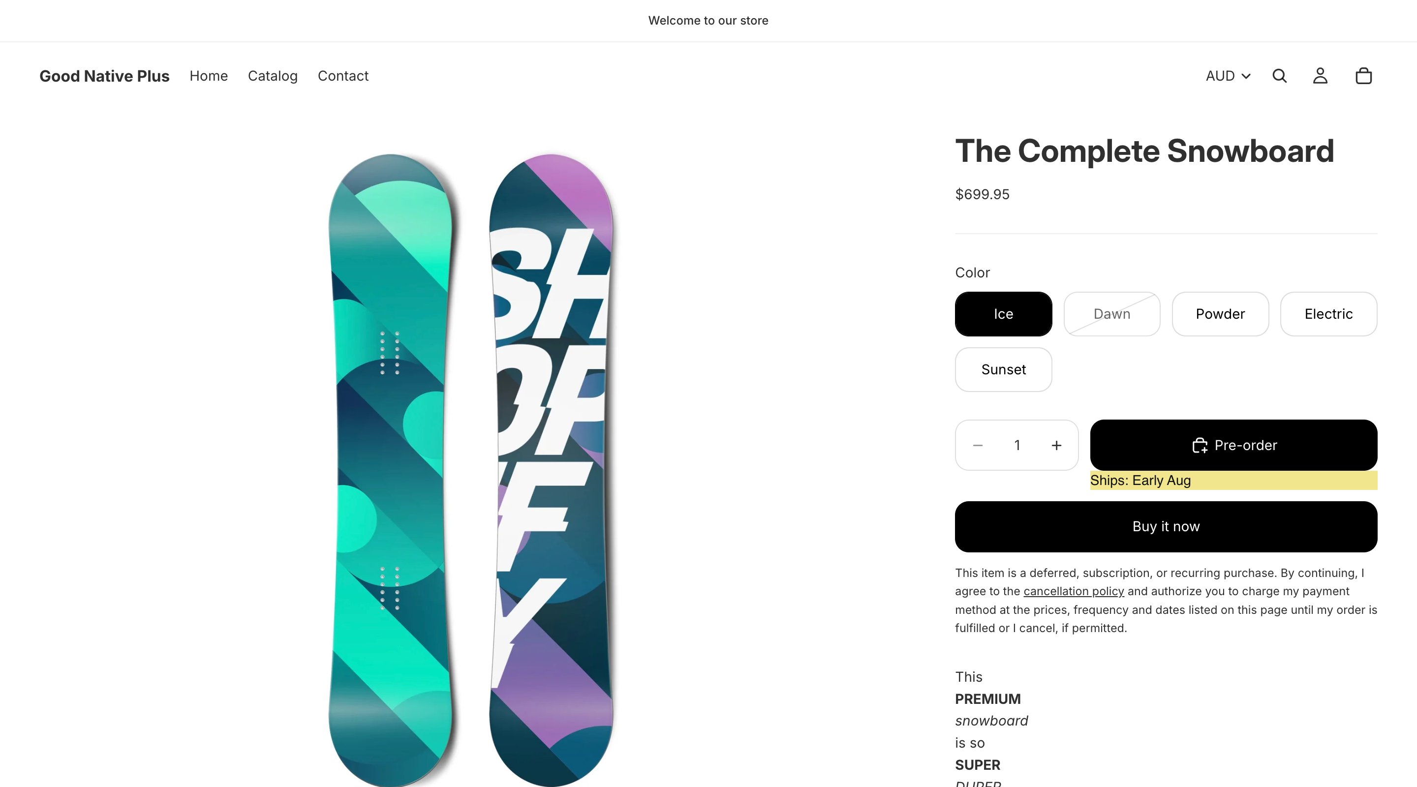 Pre-order button and ship-date message on a product page