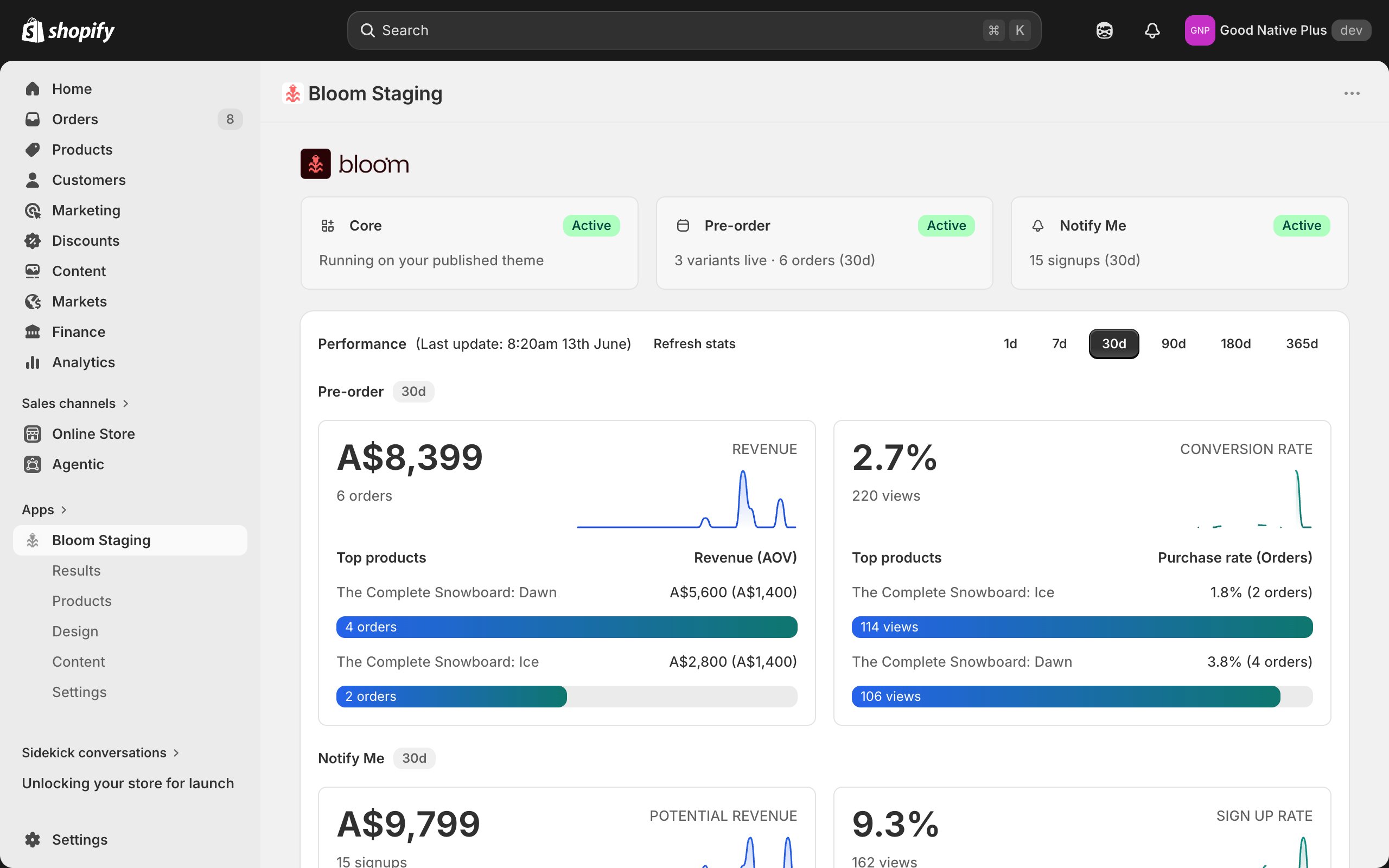 Bloom home page dashboard