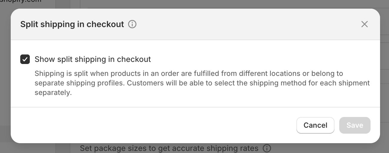 Split shipping in checkout modal with Show split shipping in checkout ticked