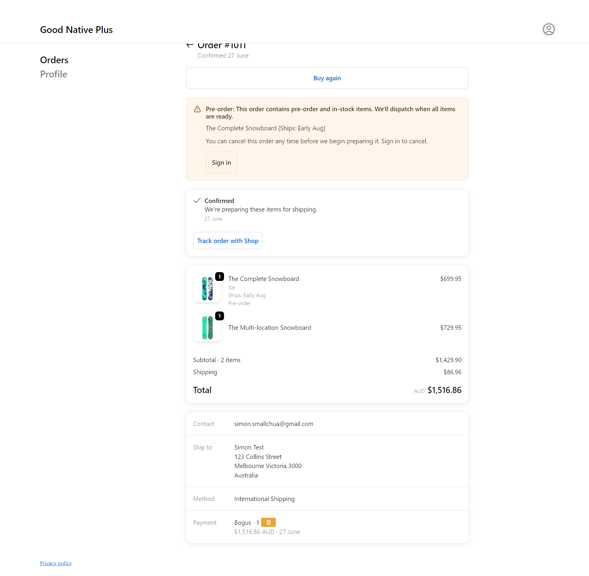 Order status page for a mixed order with pre-order and in-stock items