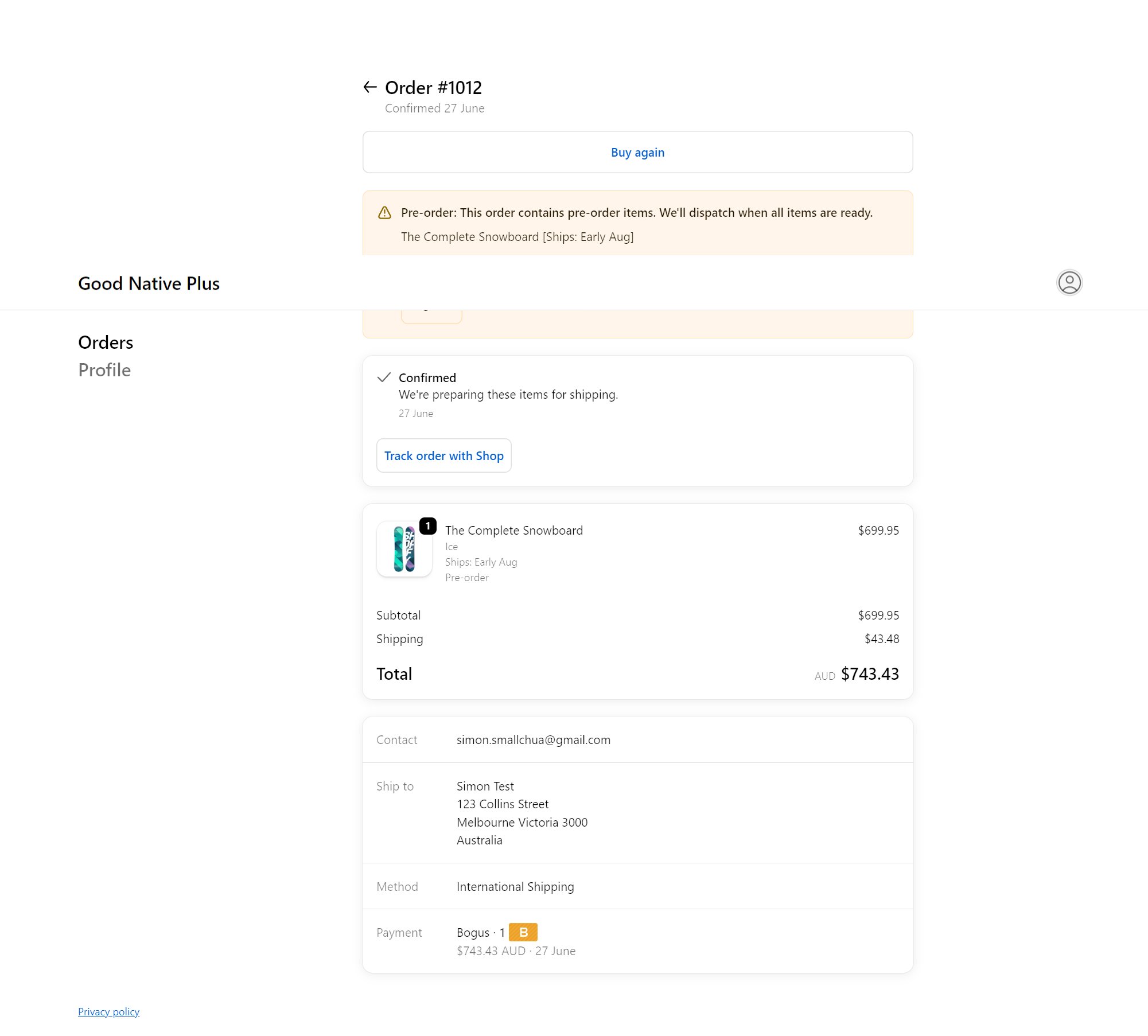 Order status page for a pre-order-only order, dispatching when all items are ready