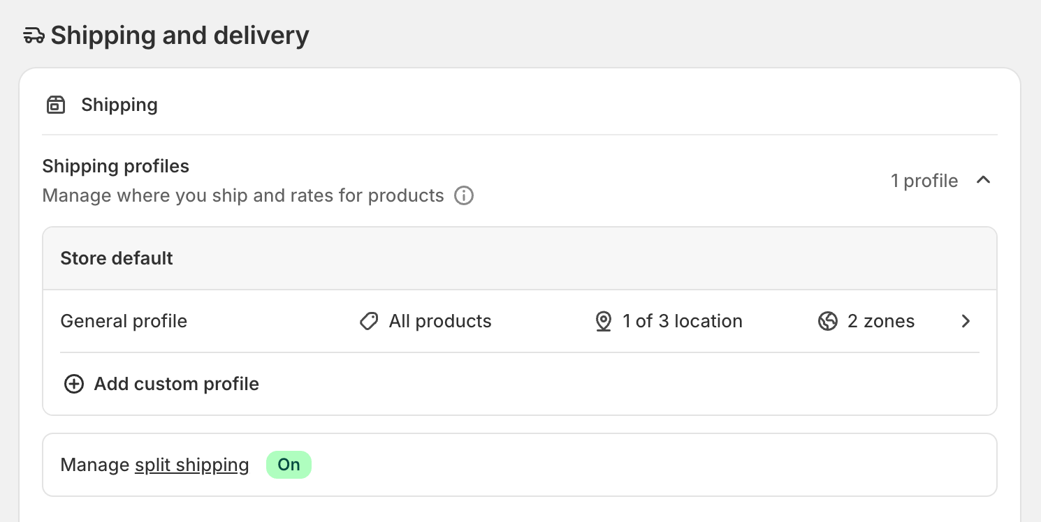 Shipping and delivery settings with Manage split shipping set to On