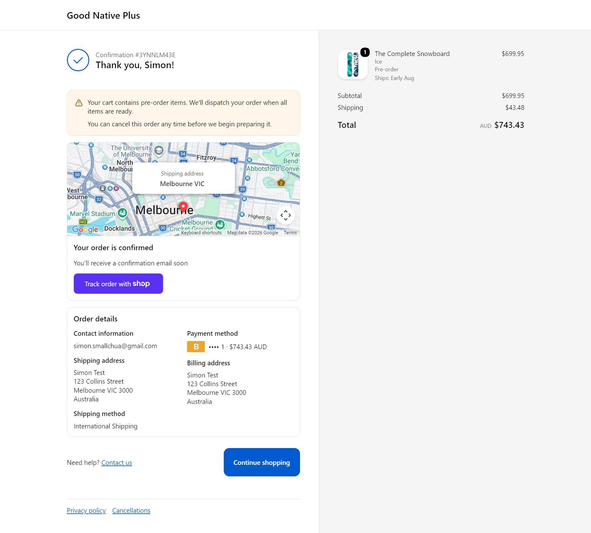 Thank you page telling the customer their cart contains pre-order items