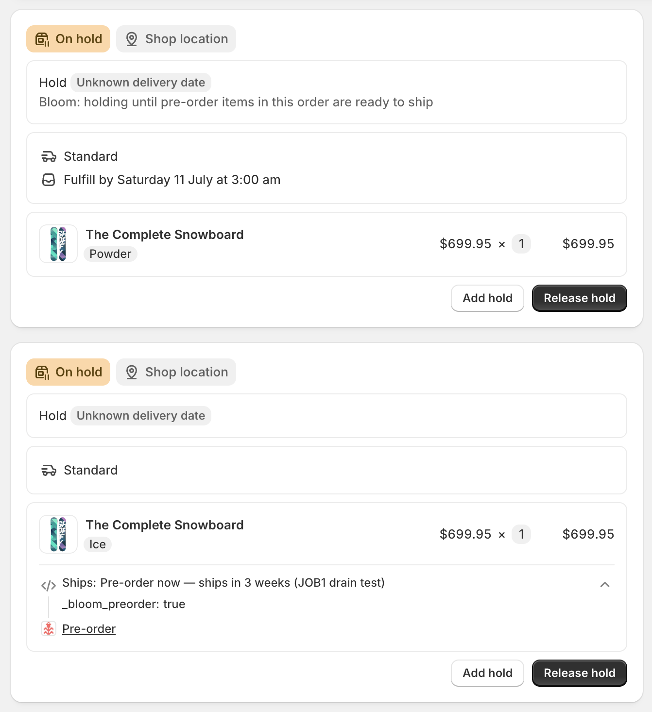 Pre-order line items placed on hold