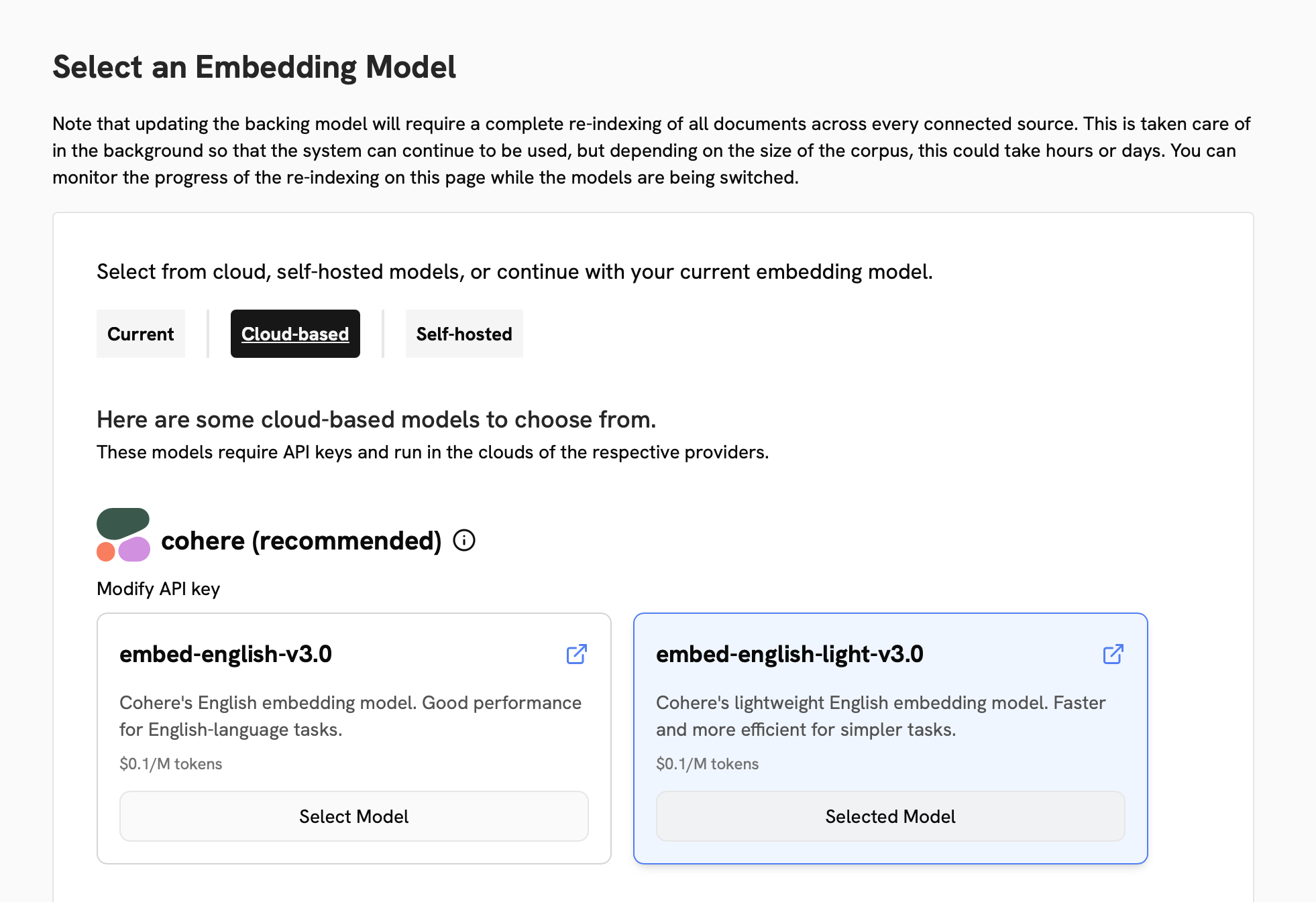 Embedding model configuration page