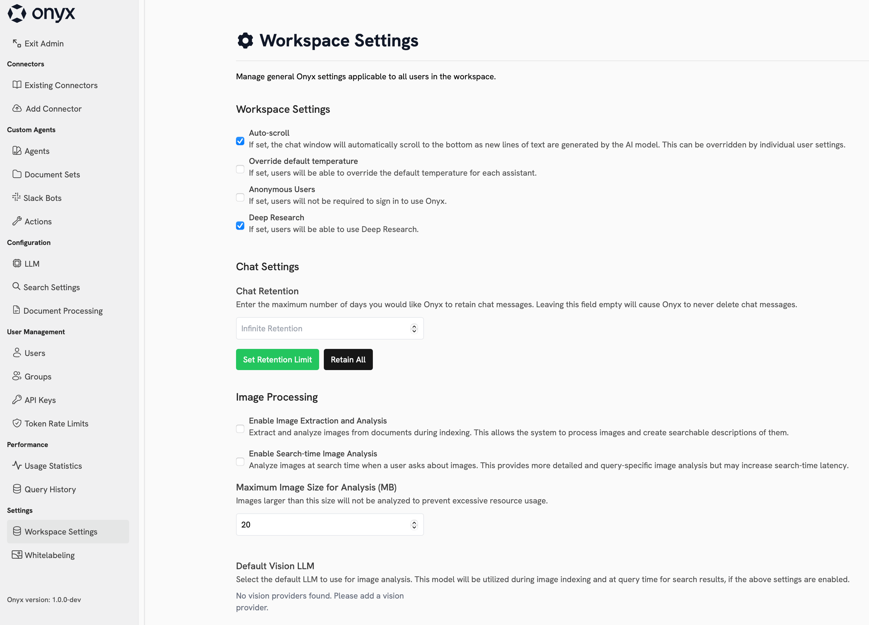 Workspace settings page