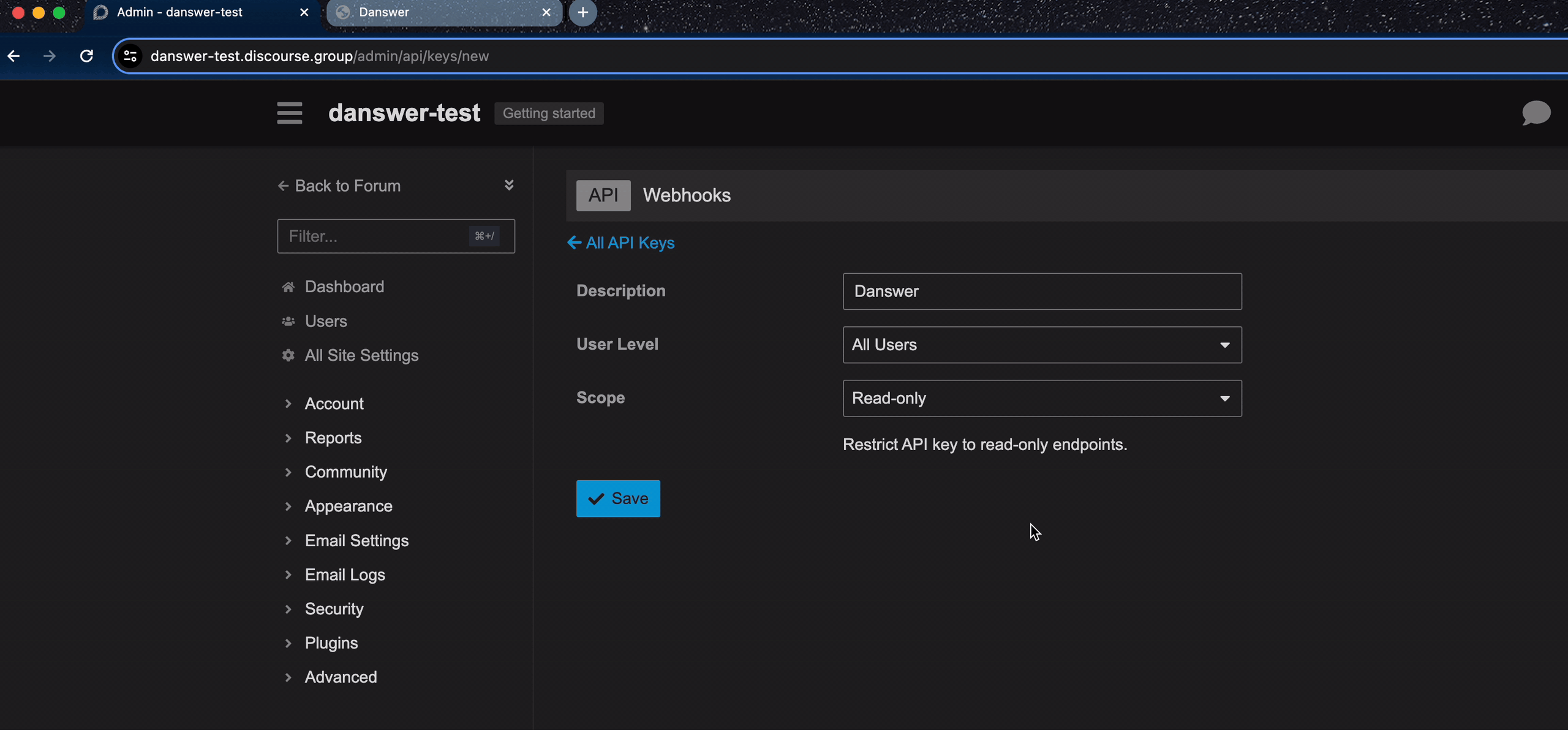 Create and copy API key