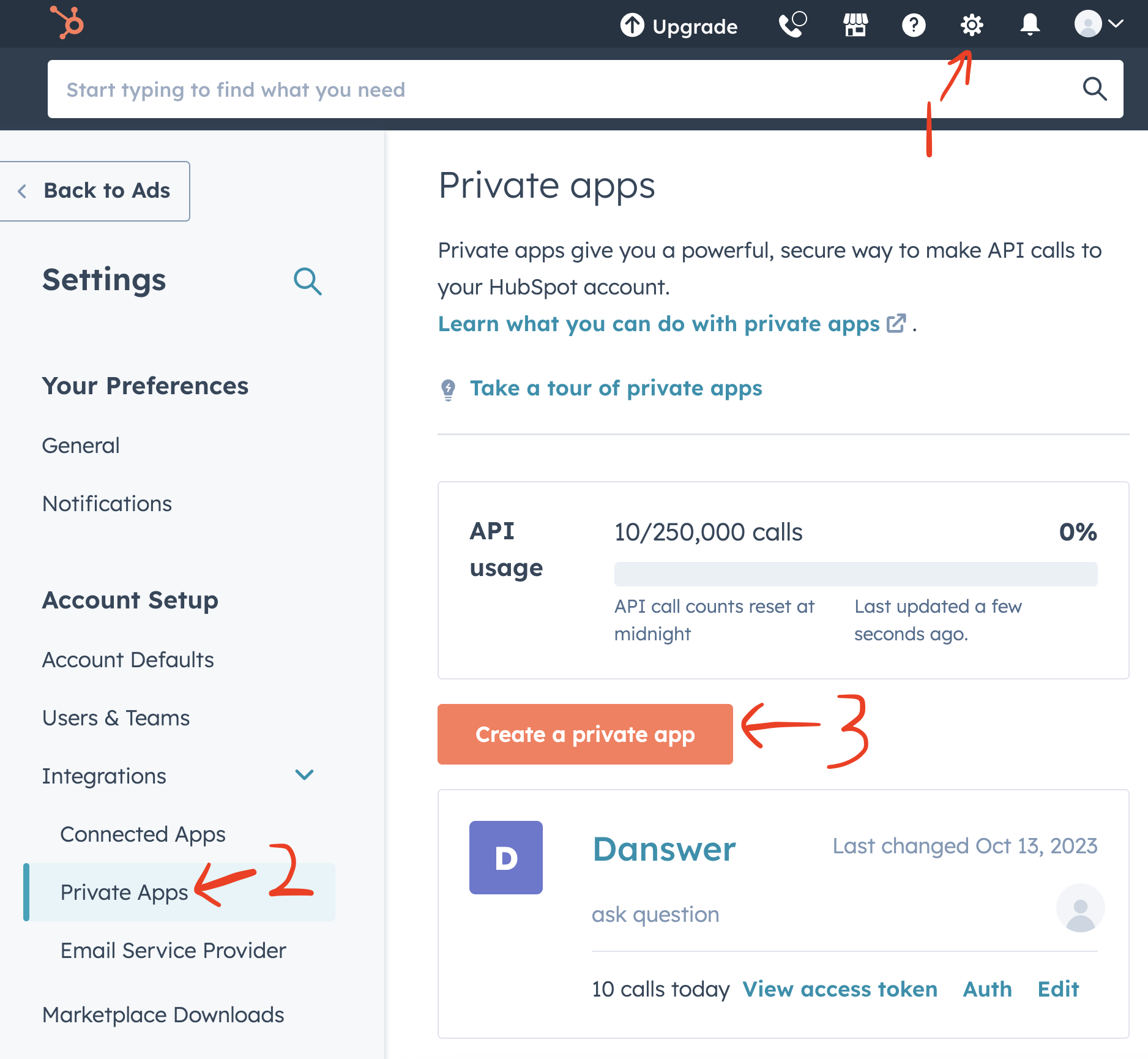Creating a Private App in HubSpot settings