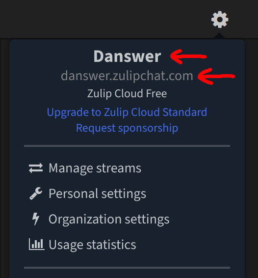Zulip UI showing Realm and URL details