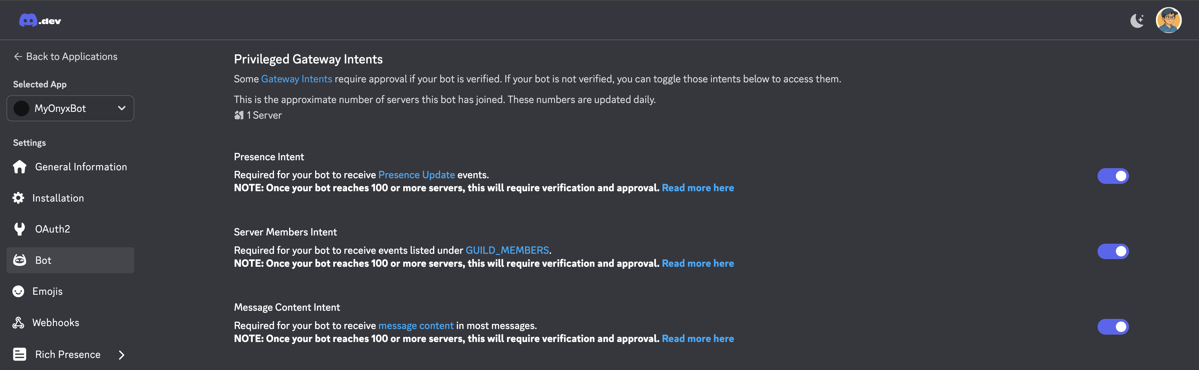 Discord privileged gateway intents