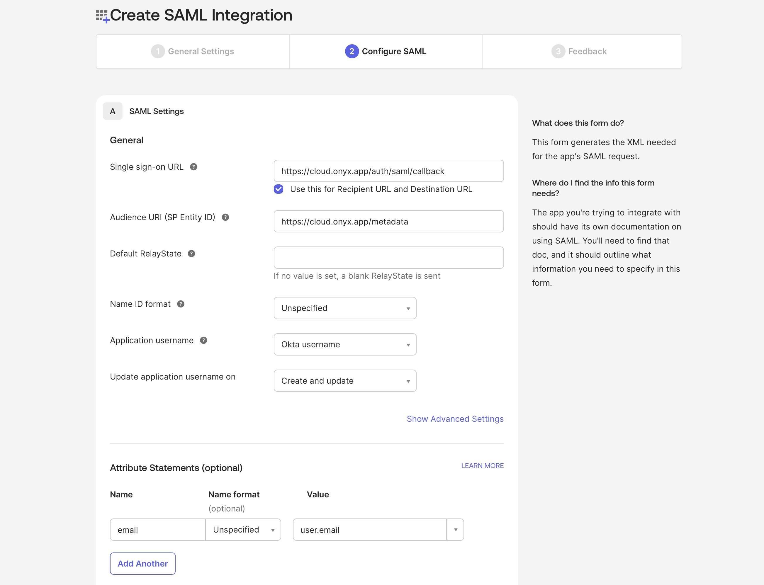 Okta Configure SAML Application Page