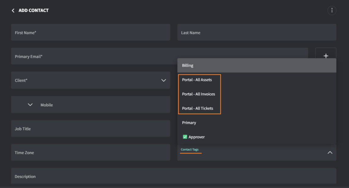Contact Tags menu showing the Portal - All Assets, Portal - All Invoices, and Portal - All Tickets tags