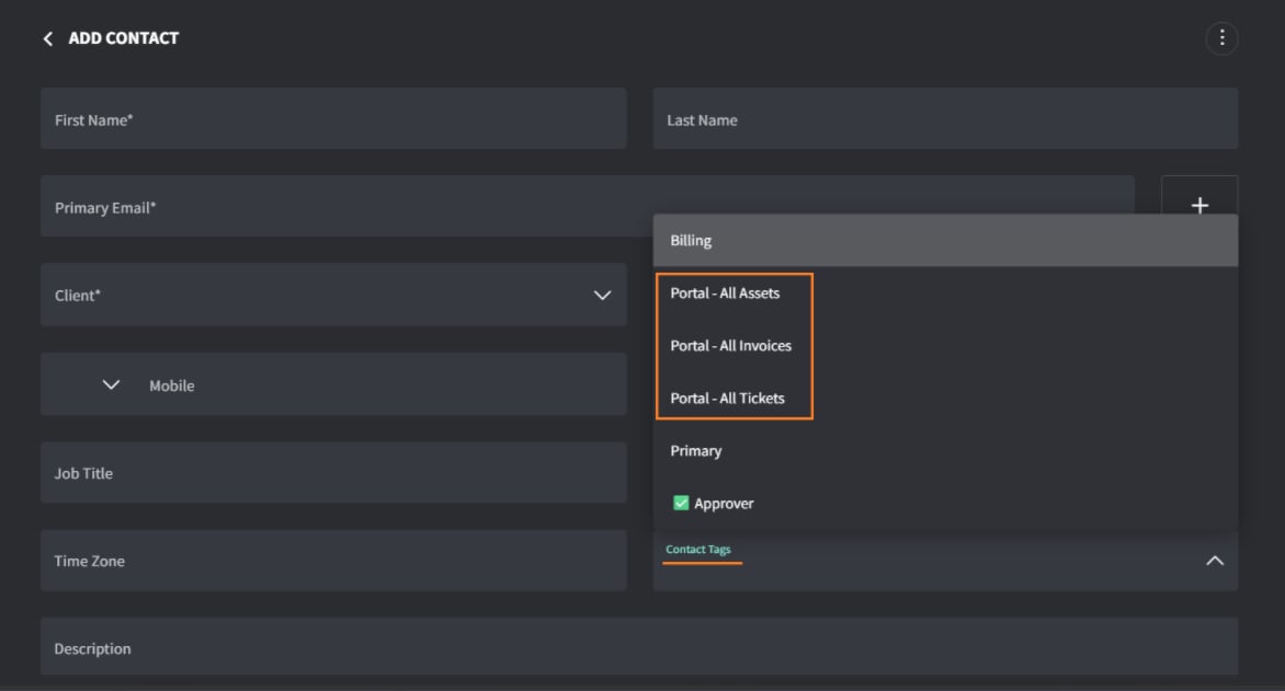 Contact Tags menu showing the Portal - All Assets, Portal - All Invoices, and Portal - All Tickets tags