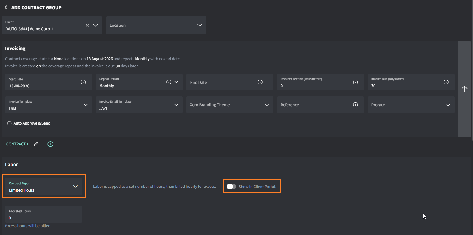 Contract labor section with the Show in Client Portal toggle next to the Limited Hours contract type
