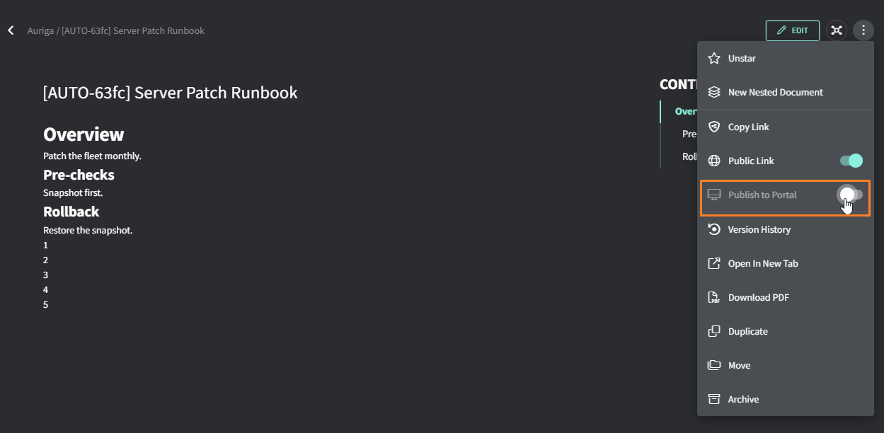 Document three-dot menu with the Publish to Portal toggle highlighted