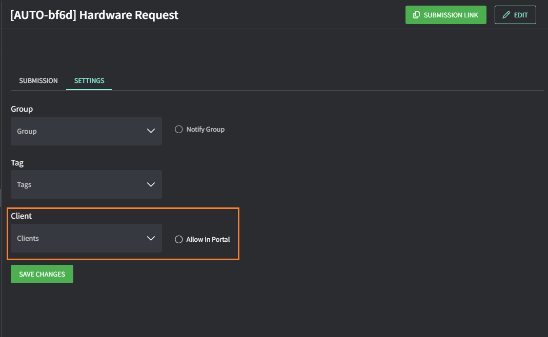 Form settings tab with the Client field and Allow In Portal option highlighted