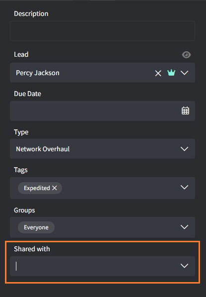 Project details panel with the Shared with field highlighted