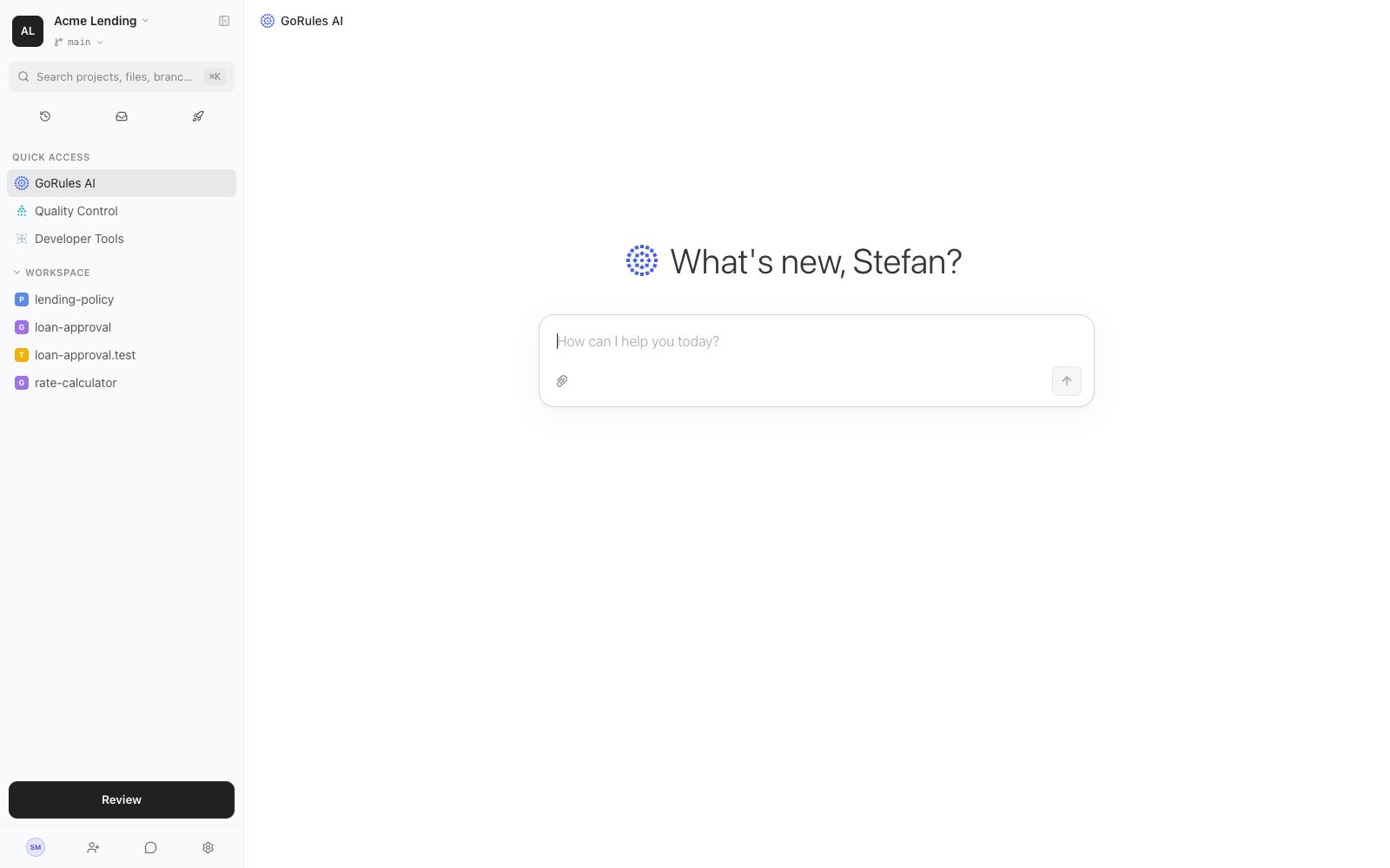Workspace sidebar showing Quick Access, Changes, and Workspace sections alongside the GoRules AI page
