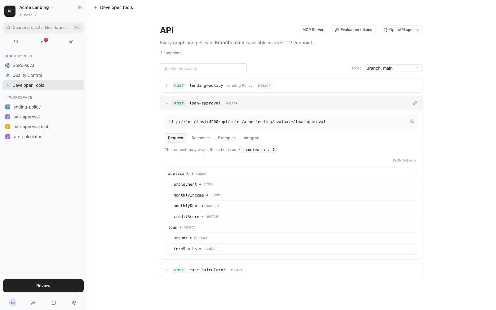 Developer Tools page listing graph and policy endpoints with request, response, and integration tabs