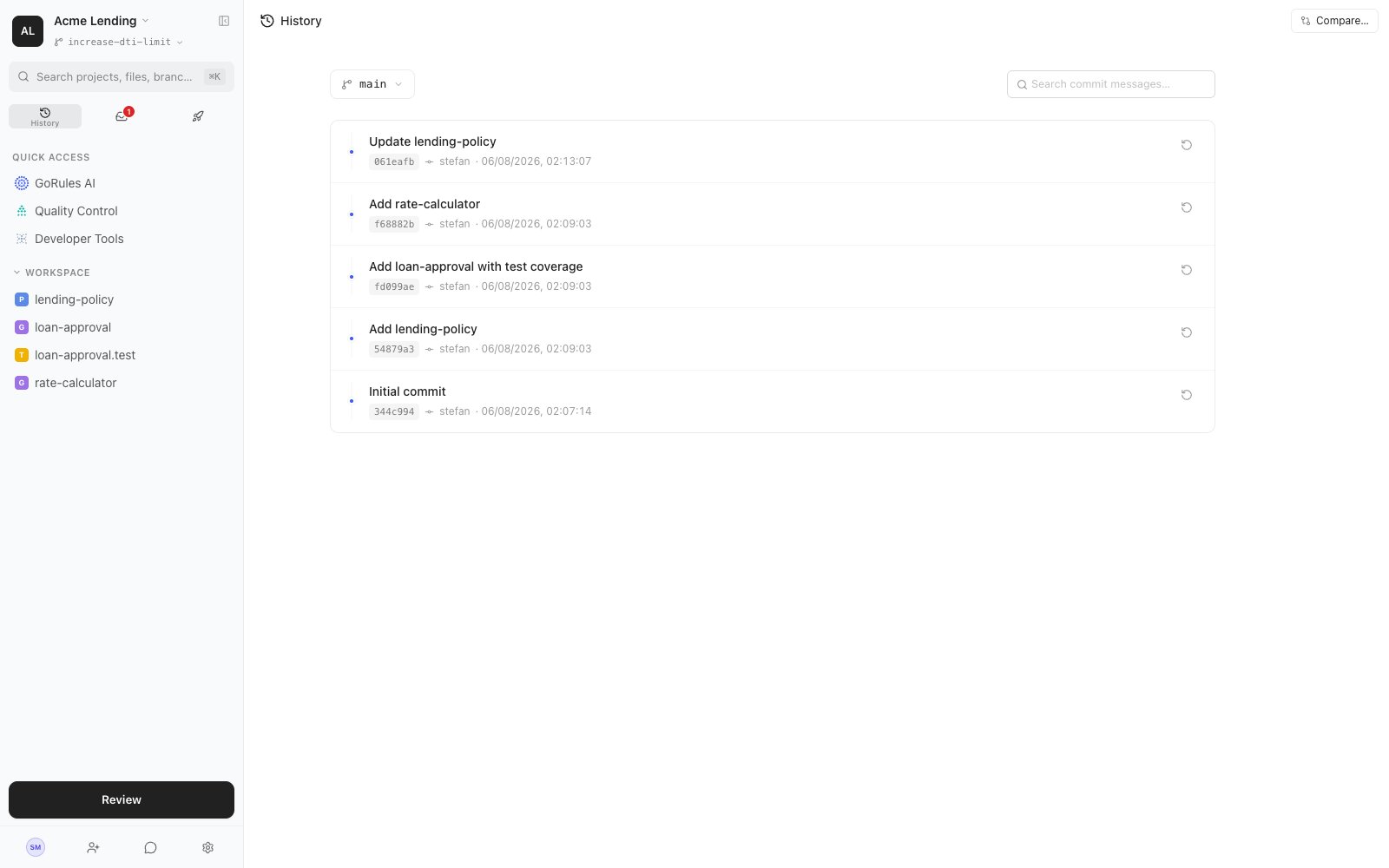 History page showing a searchable list of commits with author, message, and timestamp