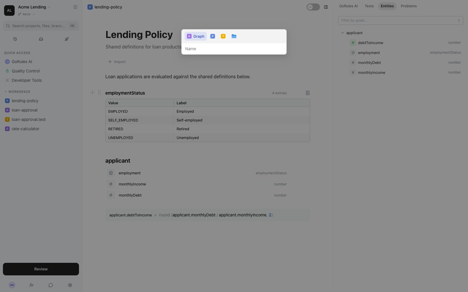 New document dialog with Graph, Policy, Test, and Folder tabs