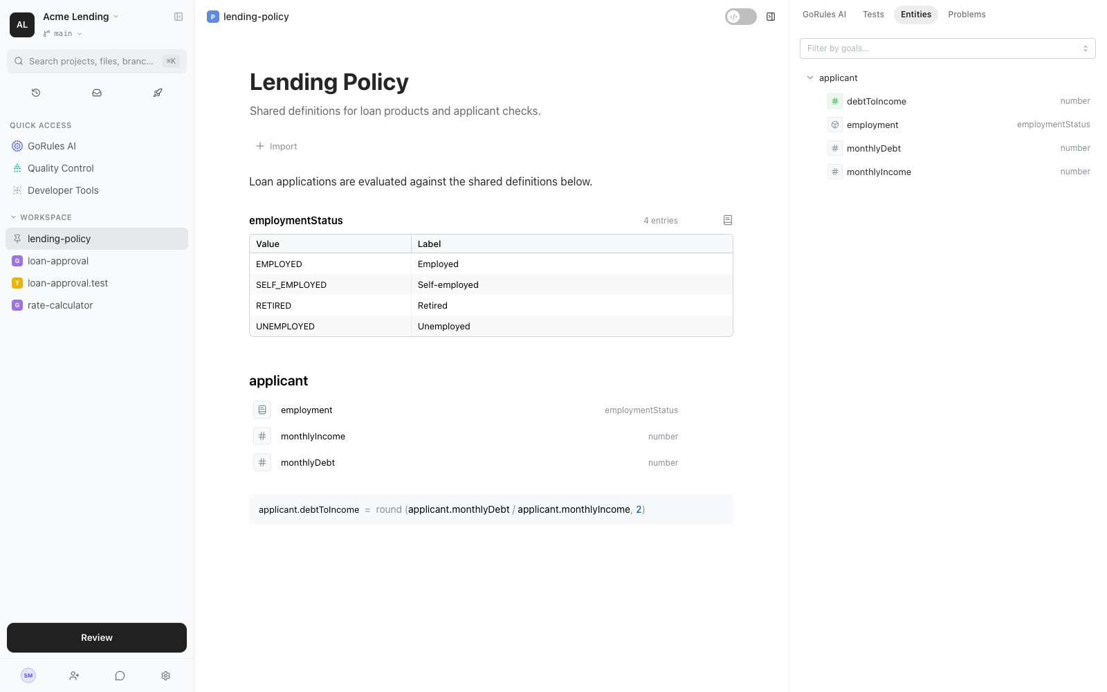 Policy editor showing an employmentStatus dictionary, an applicant data model, and a computed rule, with the Entities panel open