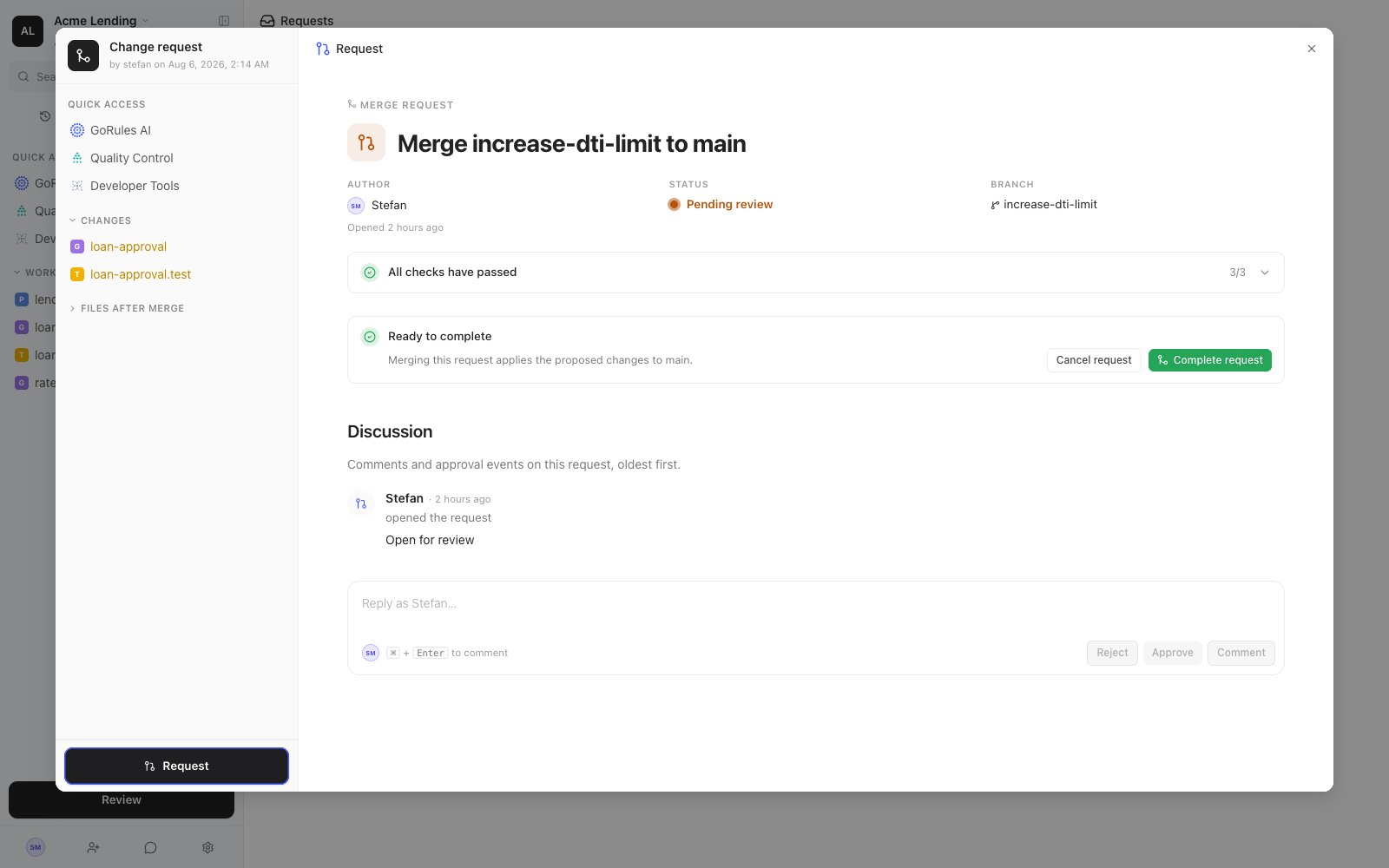 Requests page showing a filtered list of pending requests and an open request with its discussion timeline