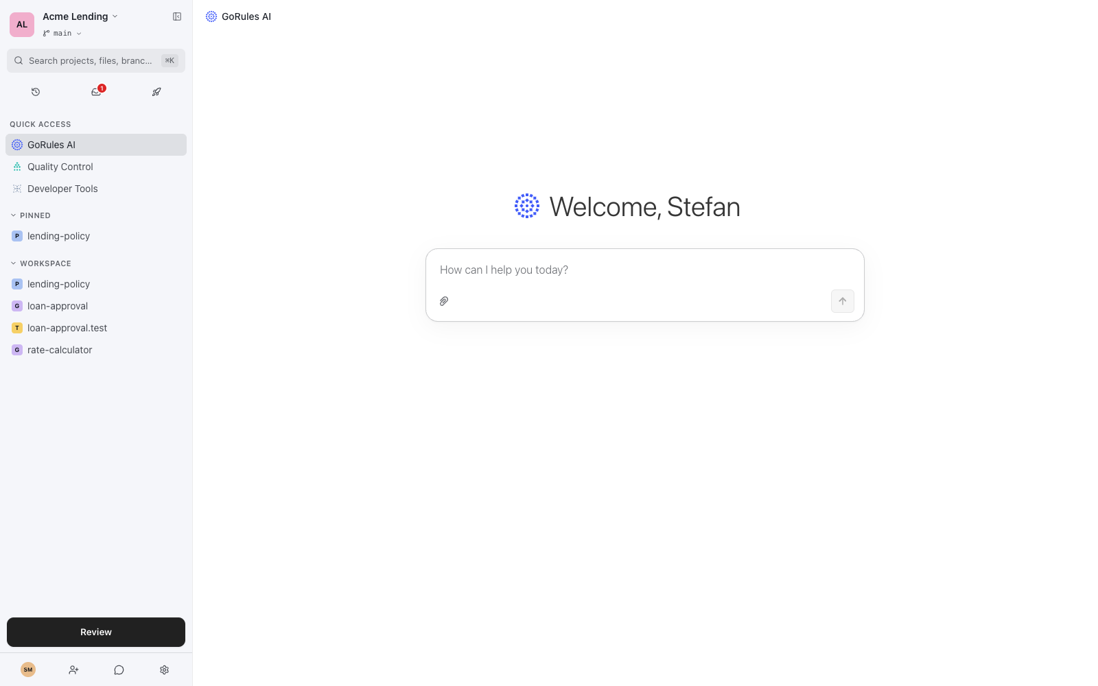 Workspace sidebar showing Quick Access, Changes, and Workspace sections alongside the GoRules AI page