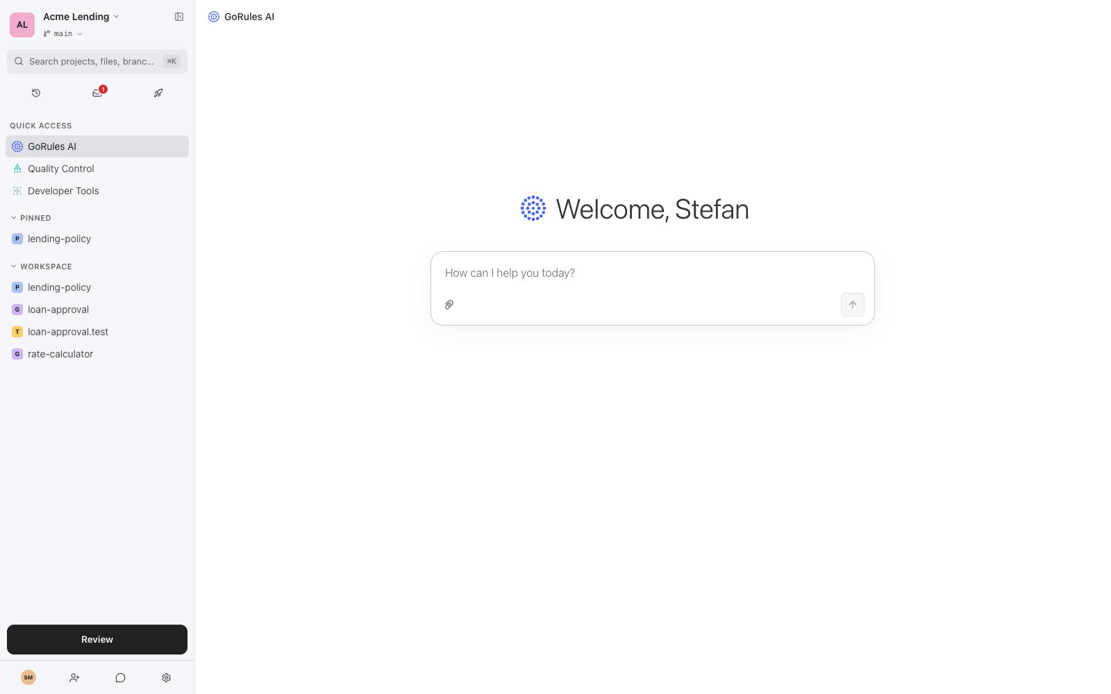 Workspace sidebar showing Quick Access, Changes, and Workspace sections alongside the GoRules AI page