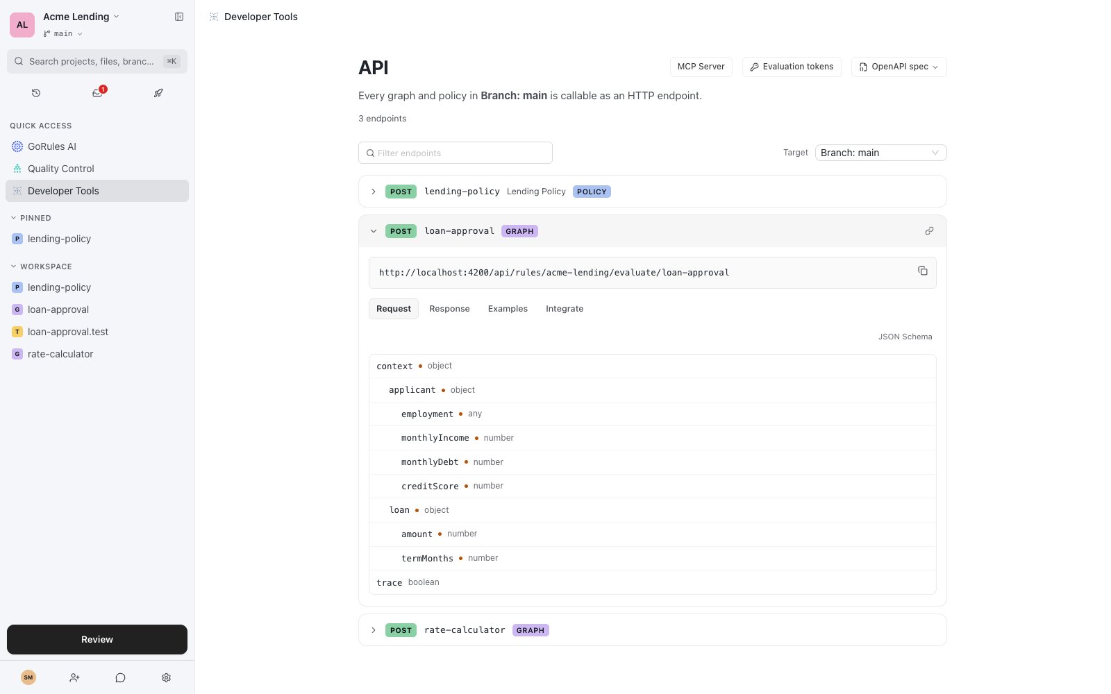 Developer Tools page listing graph and policy endpoints with request, response, and integration tabs