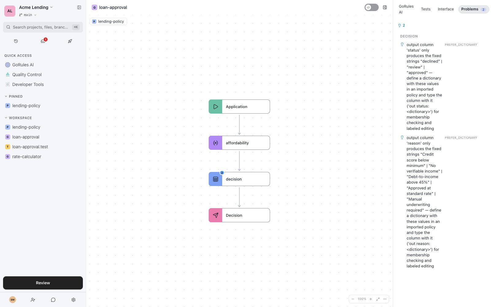 Problems tab showing PREFER_DICTIONARY hints on decision table output columns, with explanations and suggested fixes