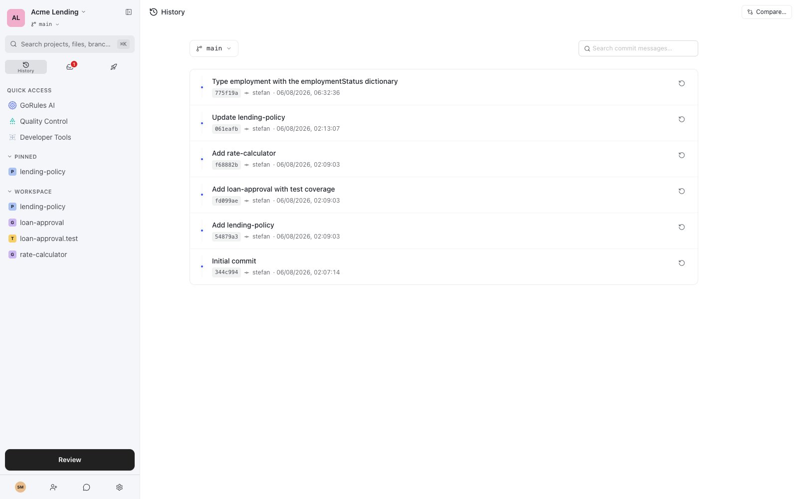 History page showing a searchable list of commits with author, message, and timestamp
