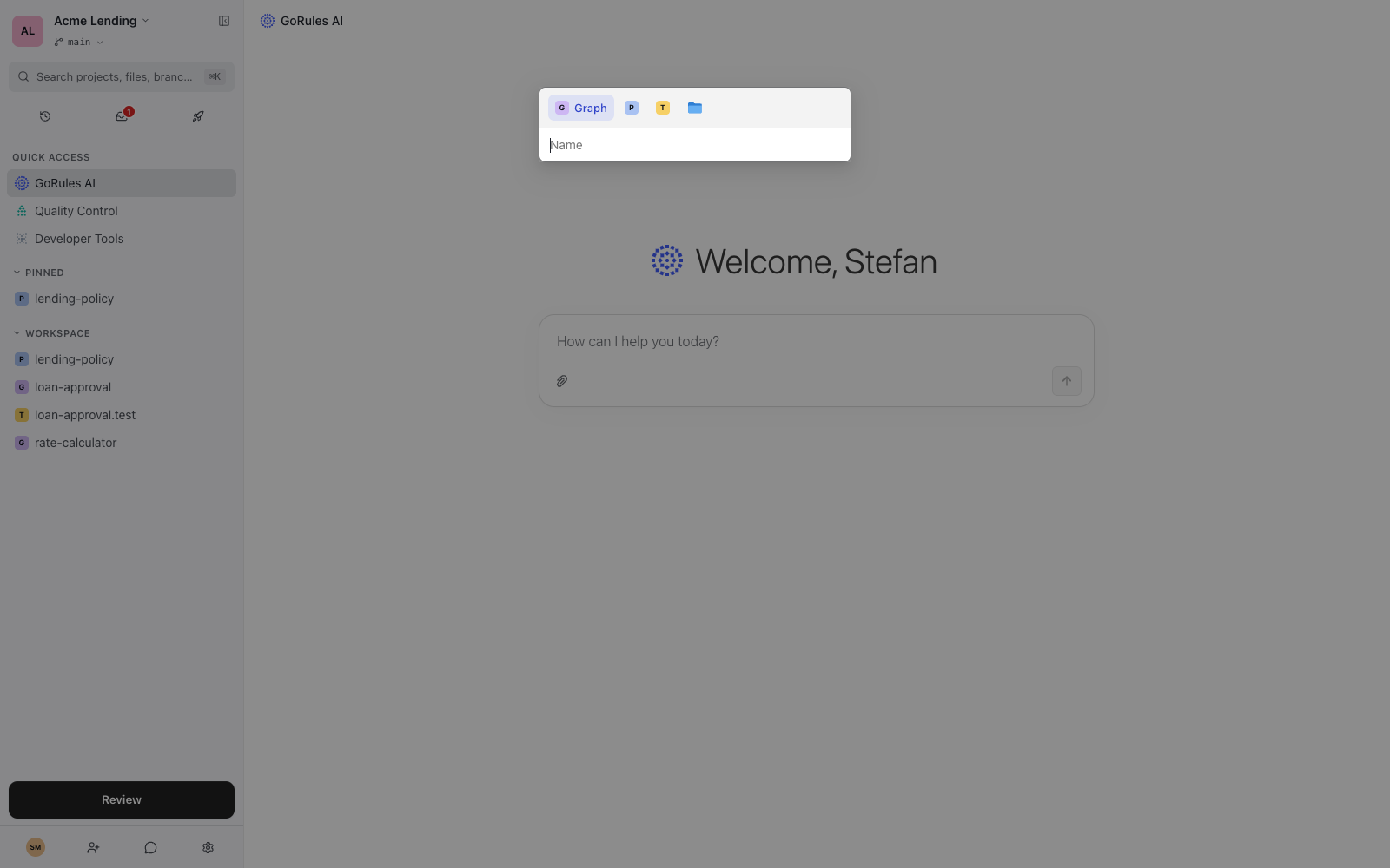 New document dialog with Graph, Policy, Test, and Folder tabs