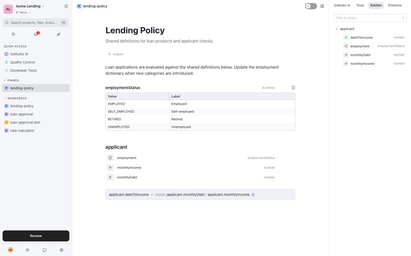 Policy editor showing an employmentStatus dictionary, an applicant data model, and a computed rule, with the Entities panel open