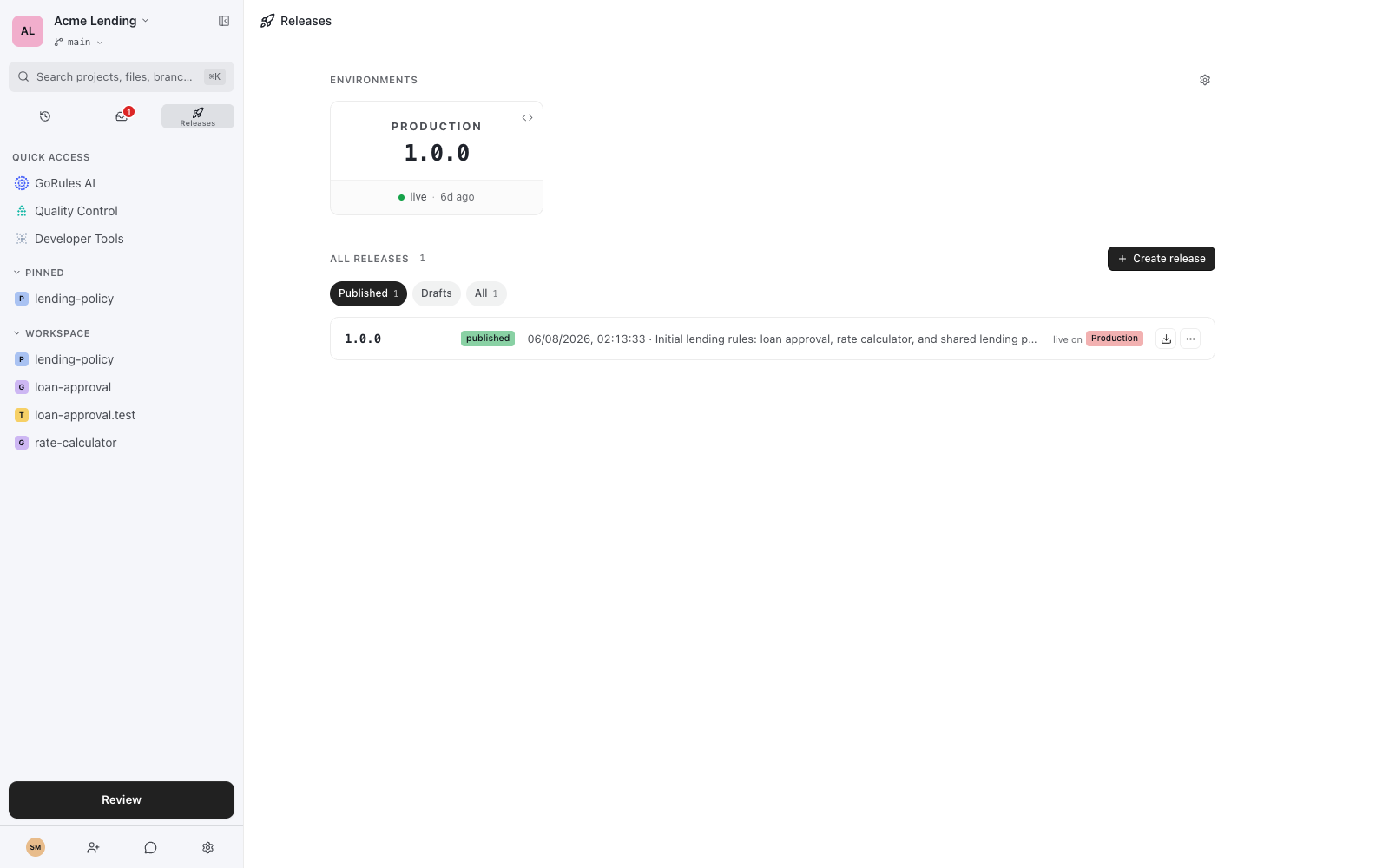 Releases page showing environment cards and a filterable list of published and draft releases