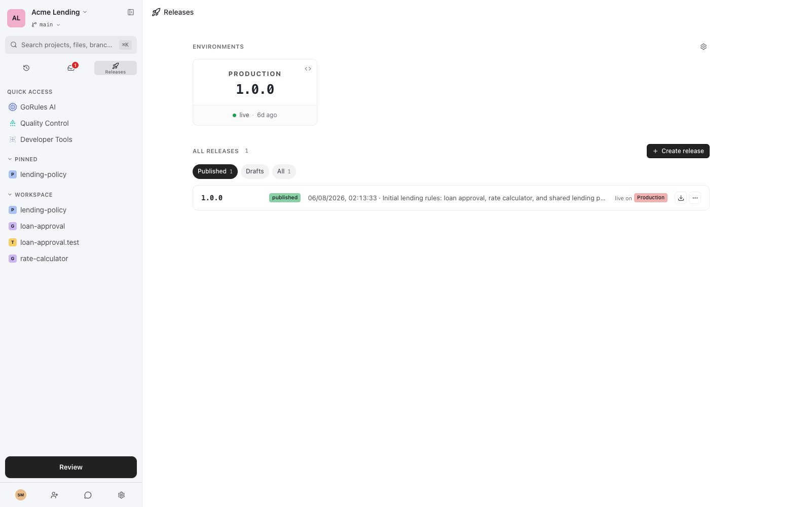 Releases page showing environment cards and a filterable list of published and draft releases