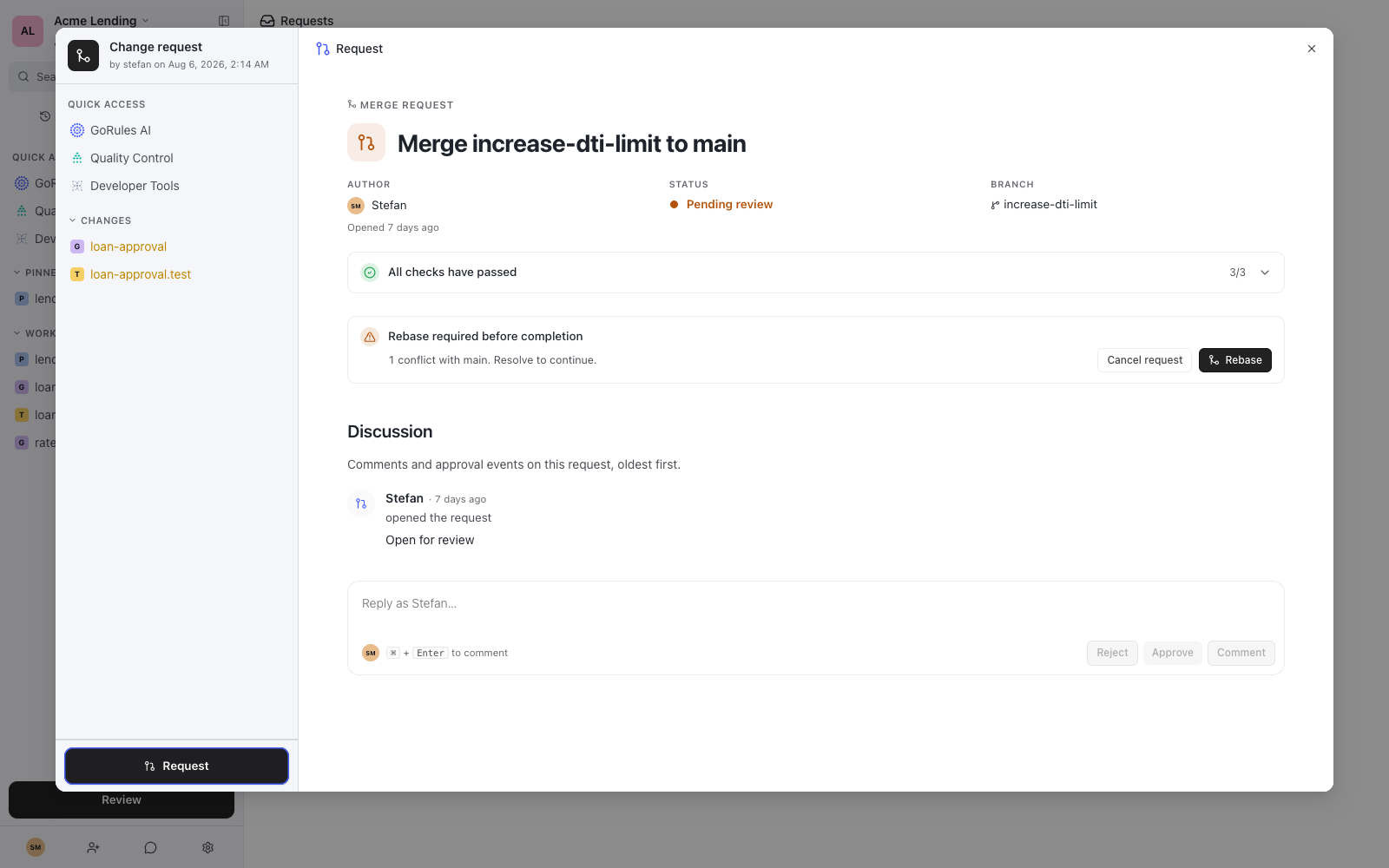 Requests page showing a filtered list of pending requests and an open request with its discussion timeline