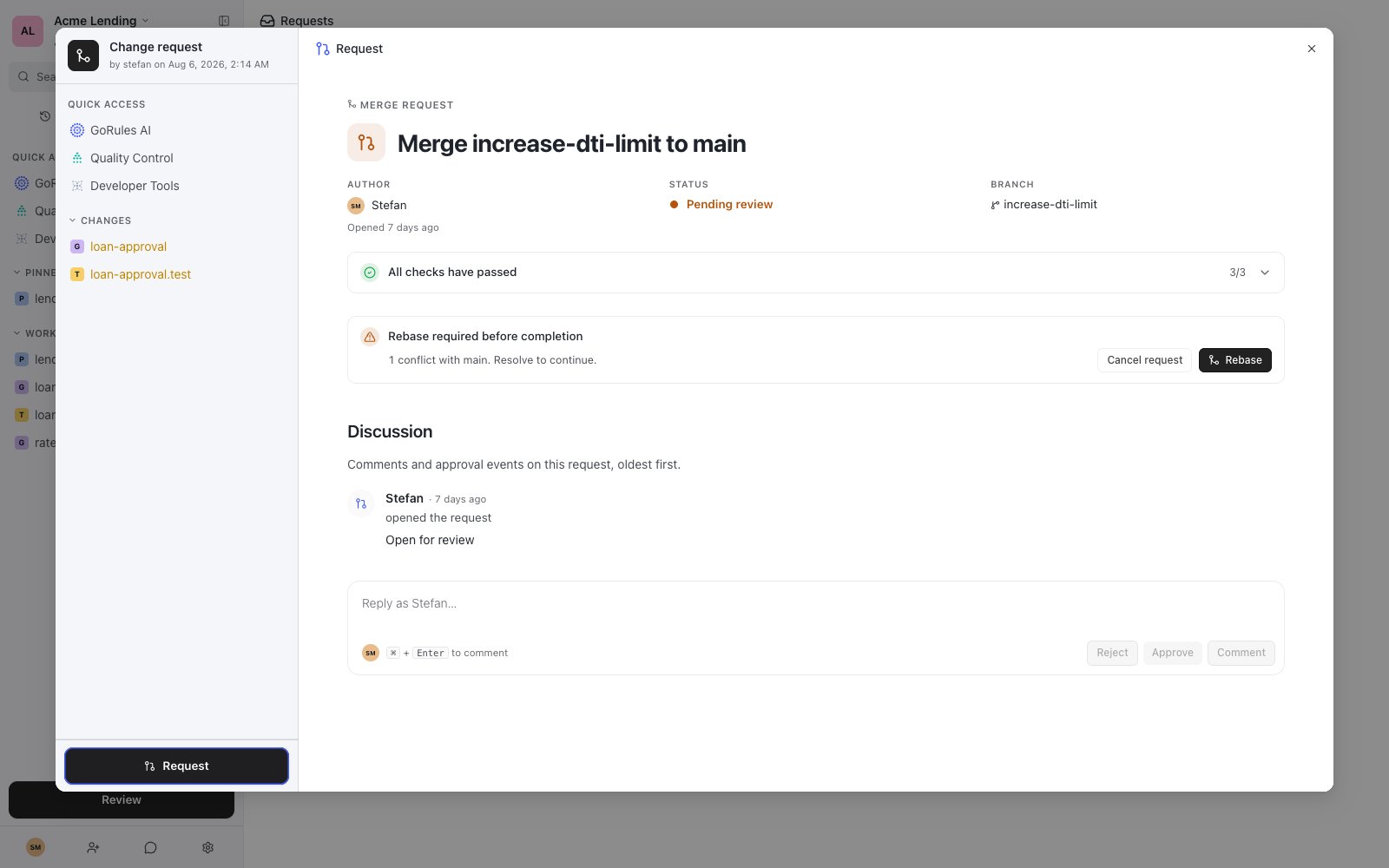Requests page showing a filtered list of pending requests and an open request with its discussion timeline