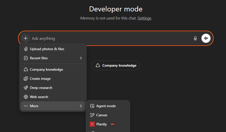 Screenshot of ChatGPT showing the option to enable the app in a conversation